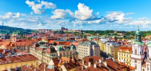 Panoramic view with blue skies of Prague's historical centre, one of the most beautiful cities in the world.