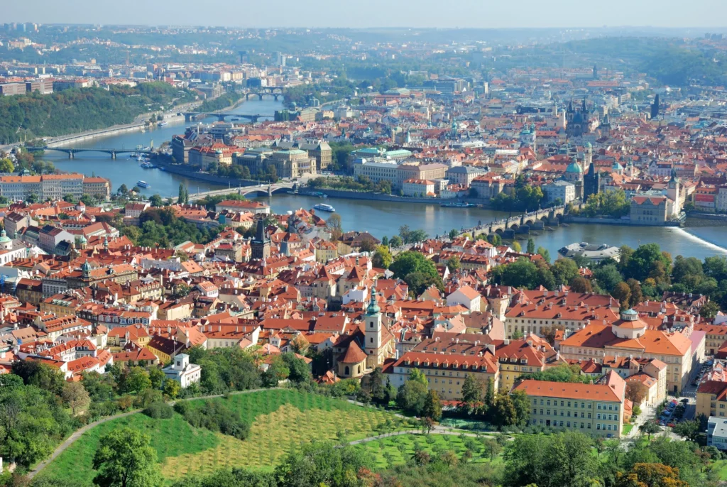 Panoramic views of the historical centre of Prague and the bridges over Vltava river.